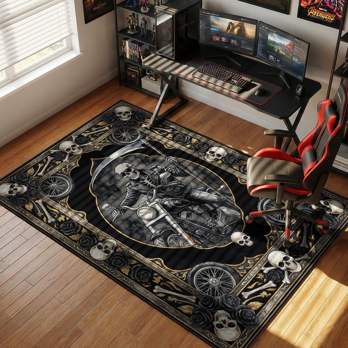 Death motorcycle rug placed in a dark gaming room with black furniture and amber LED lighting