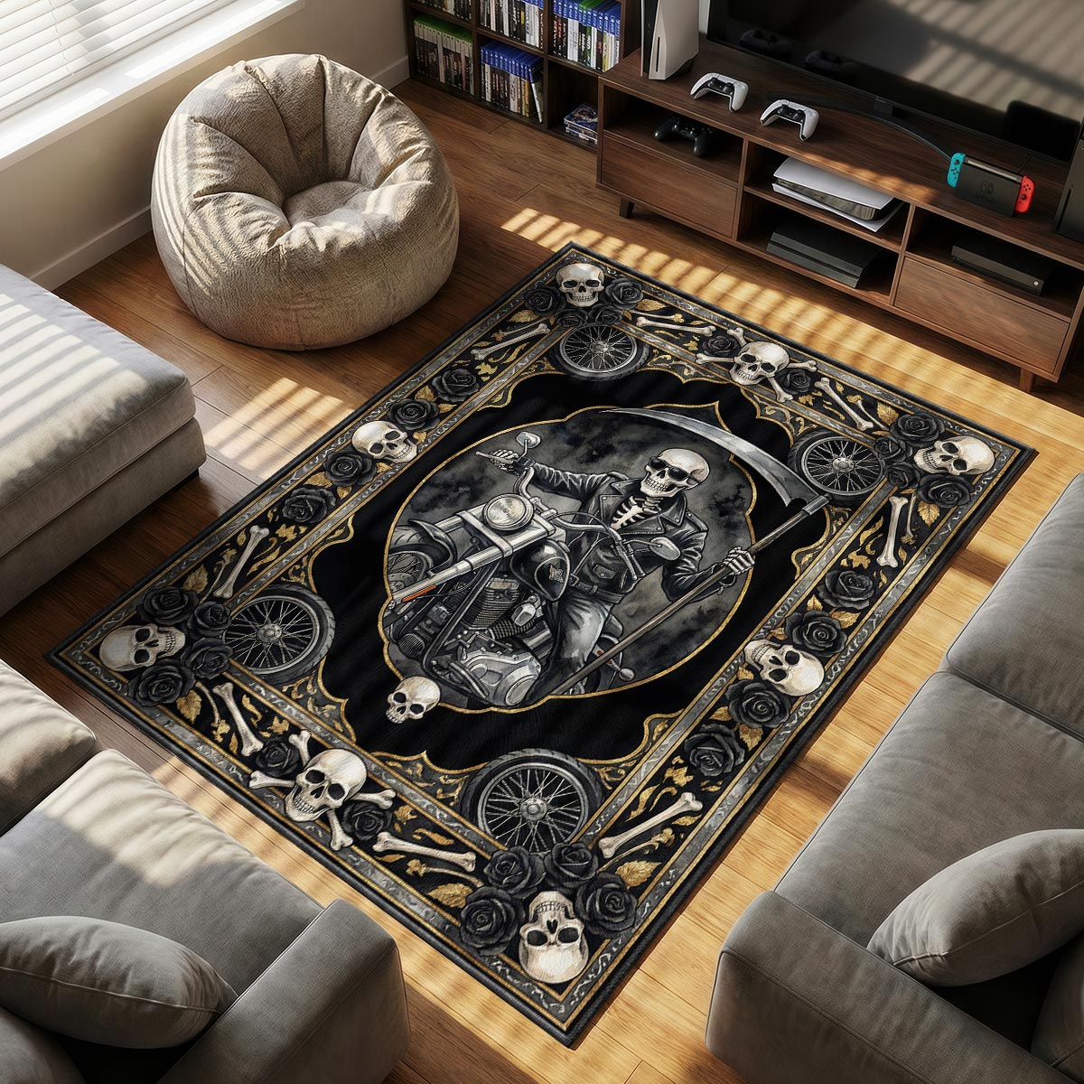 Close-up of Death area rug showing skull border detail and gold scroll on black velvet texture