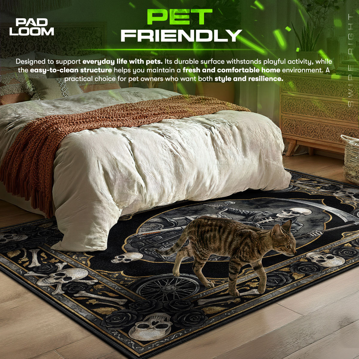 Death Motorcycle themed area rug for home decor fans