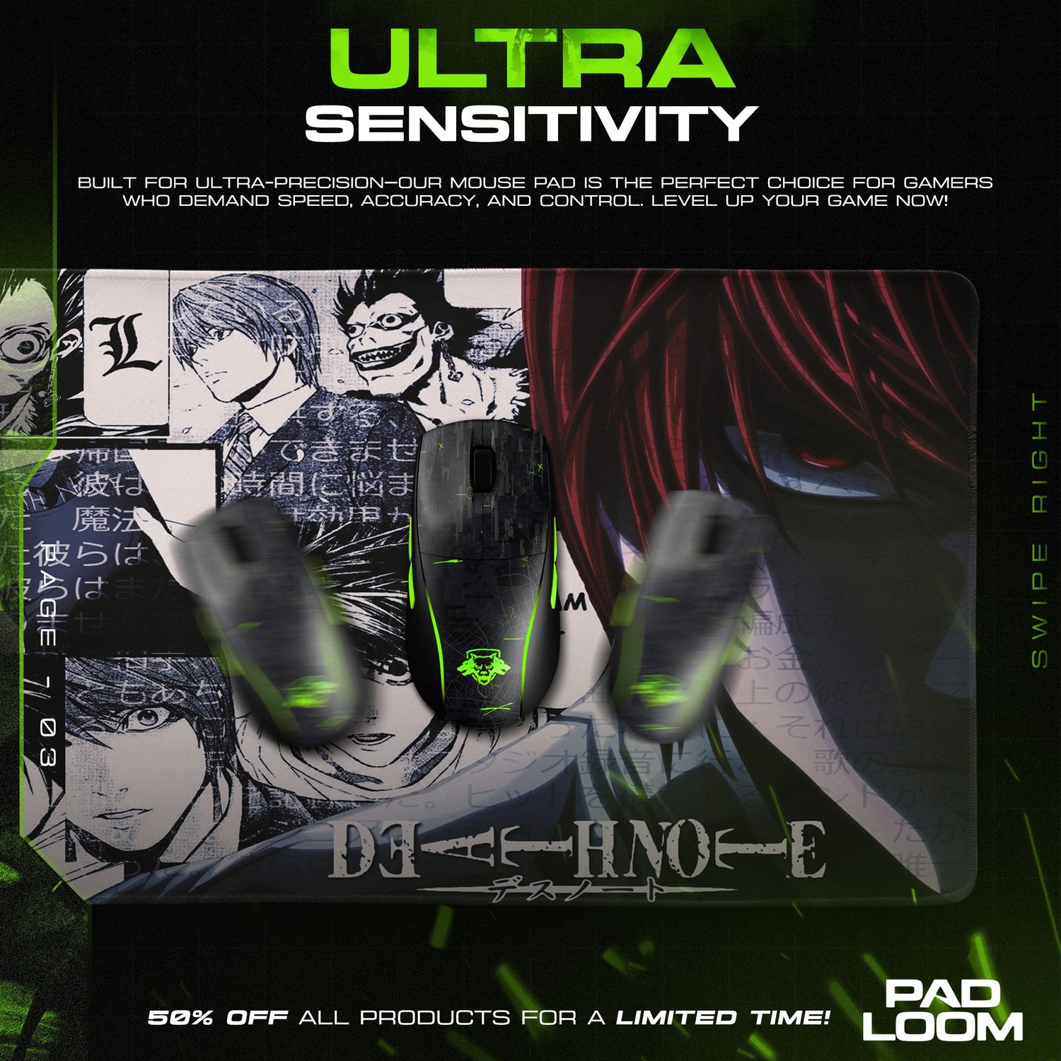 Death Note Light and L Mouse Pad, Anime Detective Desk Mat Padloom