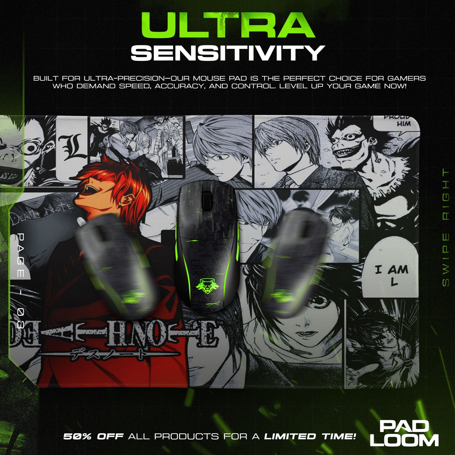 Death Note Light Yagami Mouse Pad, Anime Shadow Desk Mat Padloom