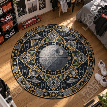 Death Star Filigree Star Wars round rug on a bedroom floor - Star Wars chair mat