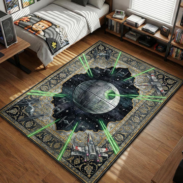 Death Star firing superlaser surrounded by X-wings and TIE fighters in an ornate celestial art style movie themed area rug and home theater mat
