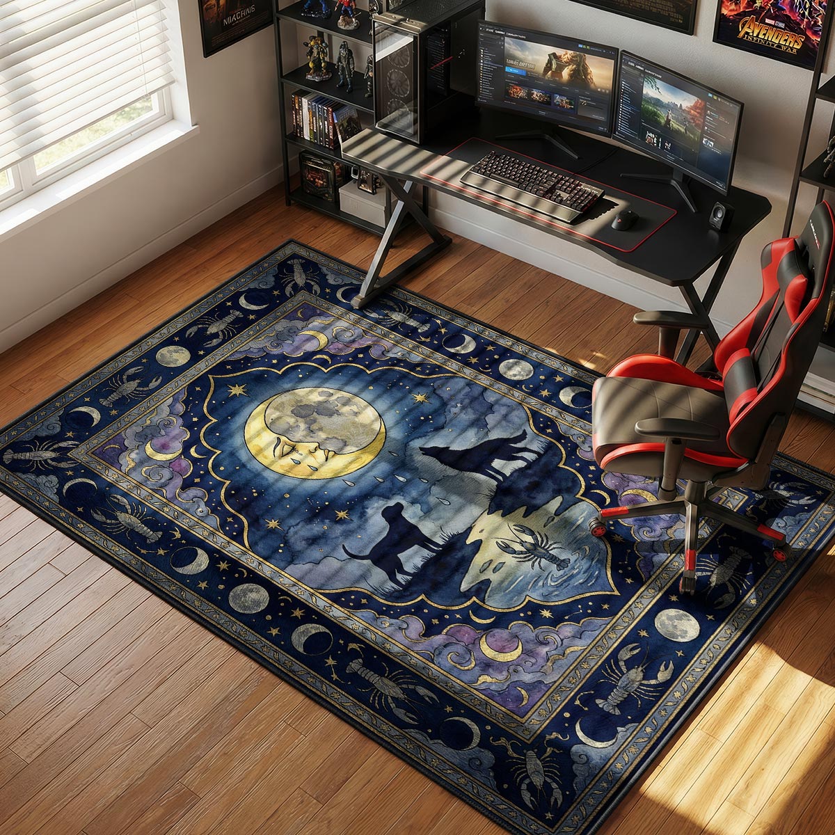 Death tarot rug placed in a dark meditation room with candles and crystal shelf