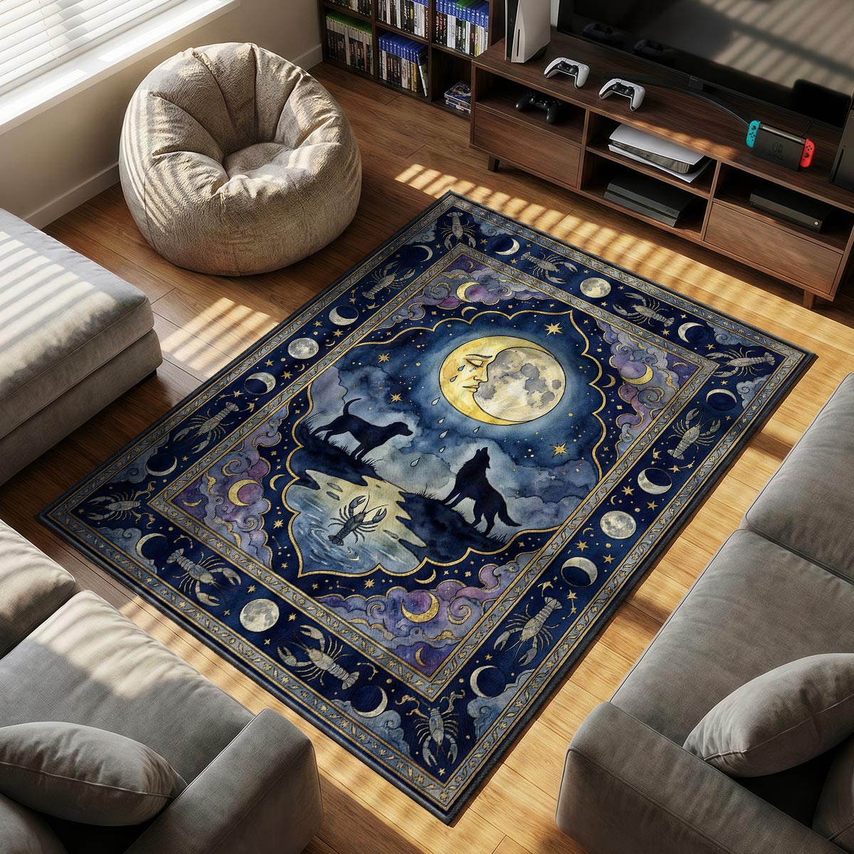 Close-up of Death tarot rug showing hourglass and scythe border detail on velvet surface