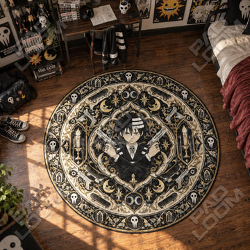 Death the Kid Skull Soul Eater round rug on a bedroom floor - Soul Eater chair mat