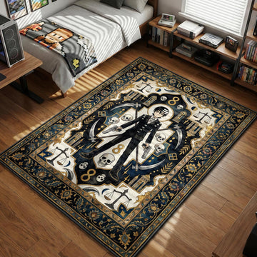 Death the Kid standing symmetrically with twin pistols in a gothic blue and gold area rug and floor mat