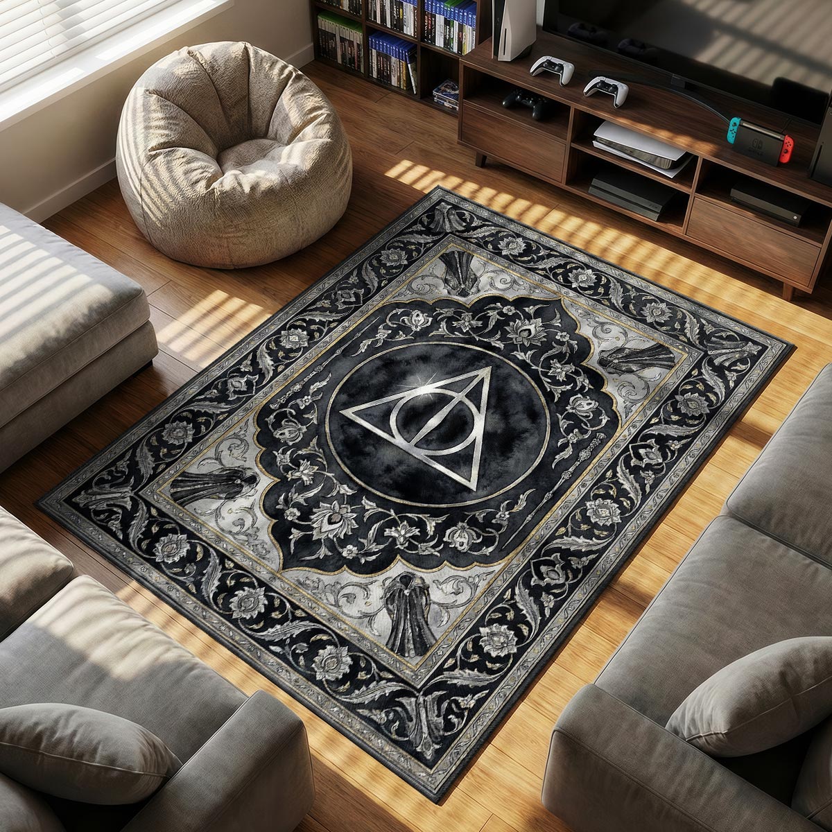 Deathly Hallows themed area rug for home decor fans