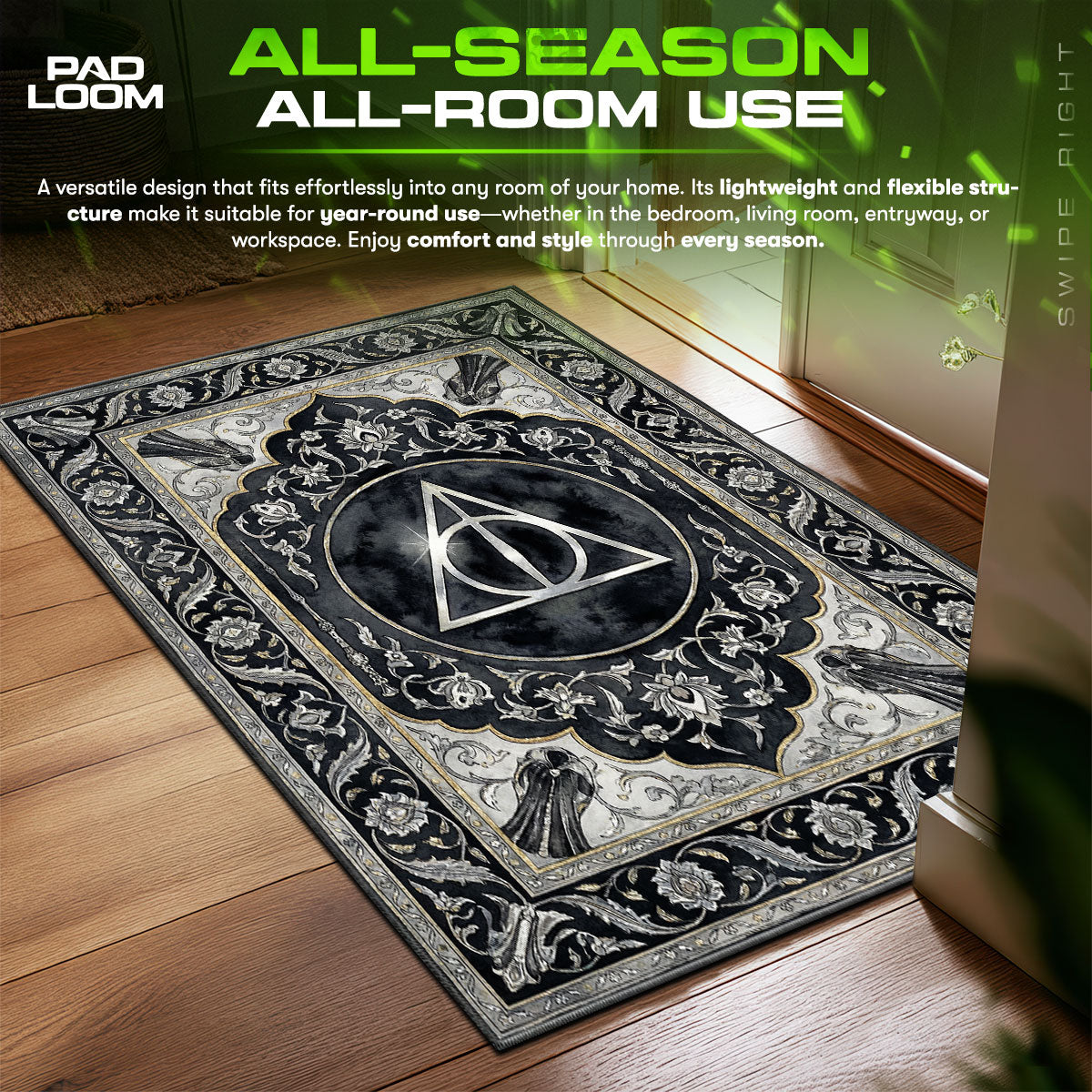 Deathly Hallows Dark Magic Harry Potter Room fan rug — premium quality print