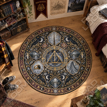 Deathly Hallows Medallion Harry Potter round rug on a bedroom floor - Harry Potter chair mat
