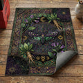 Gothic death's head moth area rug with mandrake roots and belladonna on purple green field