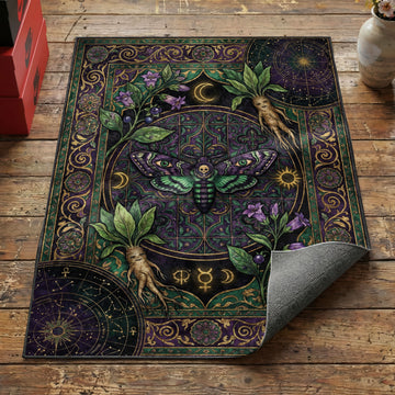 Gothic death's head moth area rug with mandrake roots and belladonna on purple green field