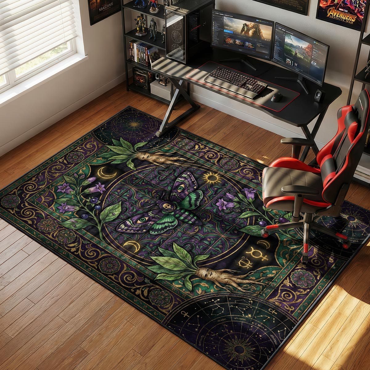 Death's head moth rug placed in a dark study room surrounded by bookshelves and dried herbs