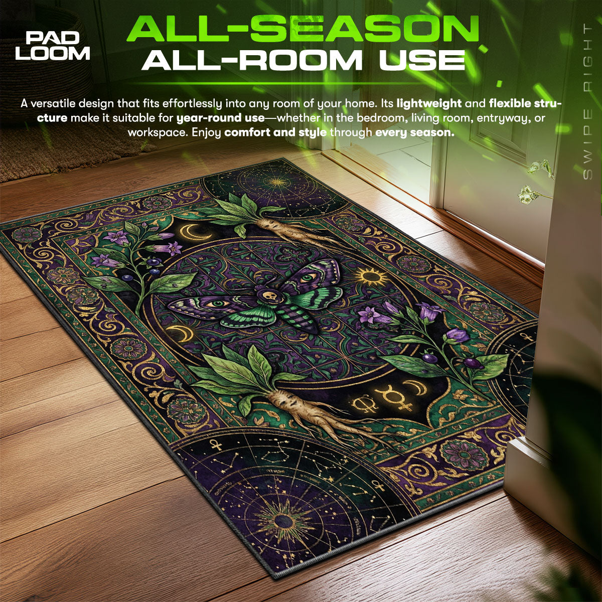 Detailed close-up of Death's rug pattern