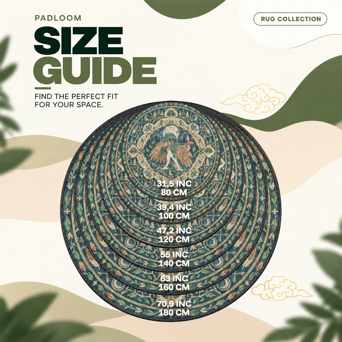 Decidueye Aiming round rug size guide, 80 to 180 cm (31.5 to 70.9 in)