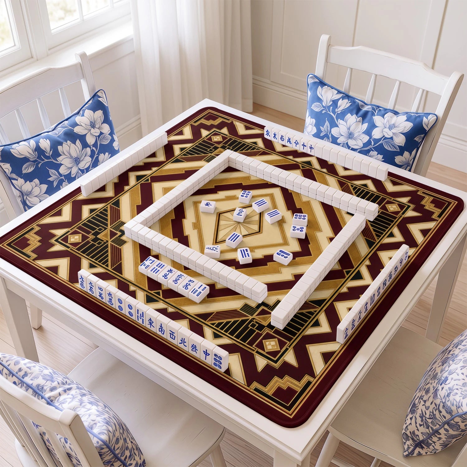 Deco Diamond mahjong mat with tiles and racks on the table