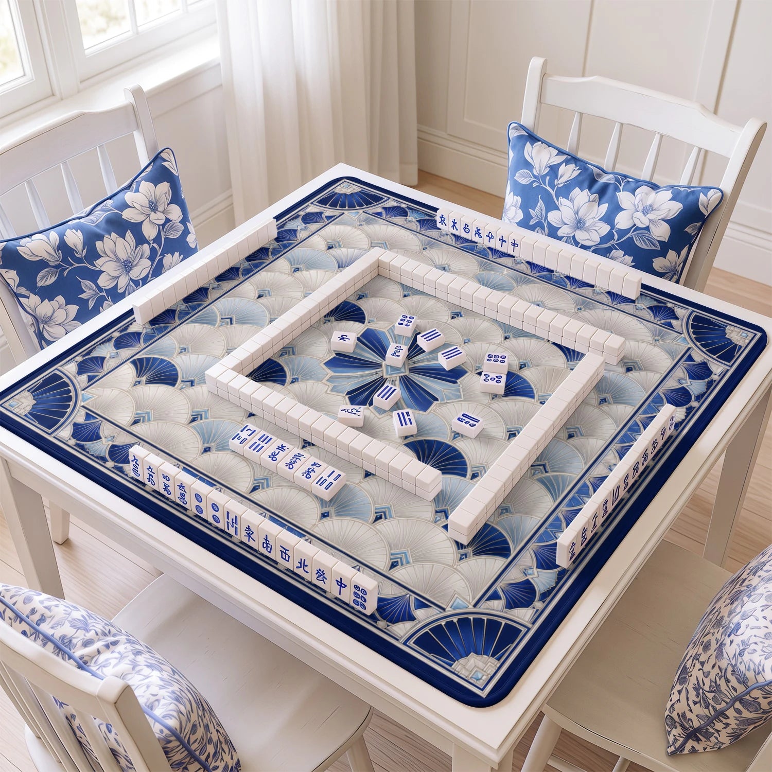 Deco Fan mahjong mat with tiles and racks on the table