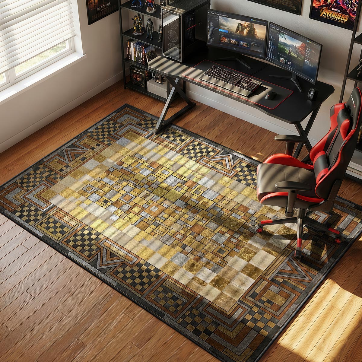 Deco gold framework rug placed in a formal living room with brass fixtures and velvet seating