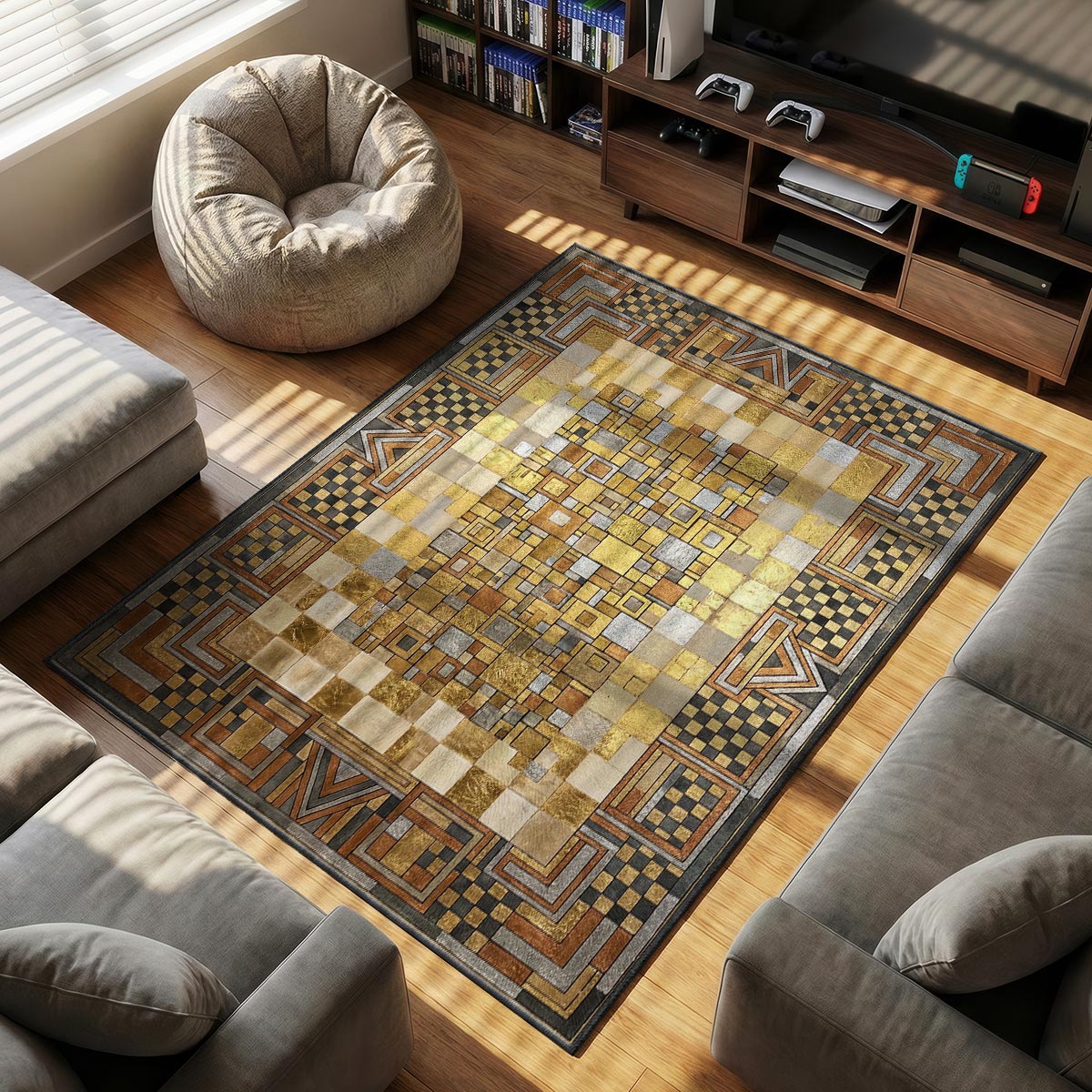 Close-up of Deco framework rug showing copper square texture and checkerboard border on plush fiber