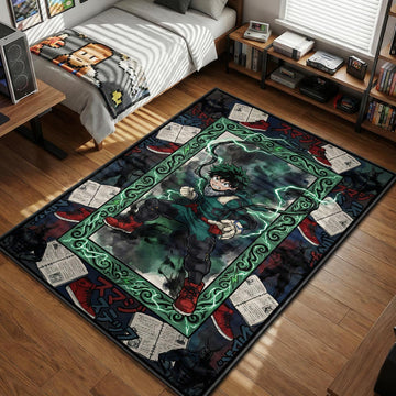 Izuku Midoriya (Deku) using Blackwhip and Full Cowl lightning, framed by a border of Hero Analysis notebooks, red sneakers, and All Might silhouettes.