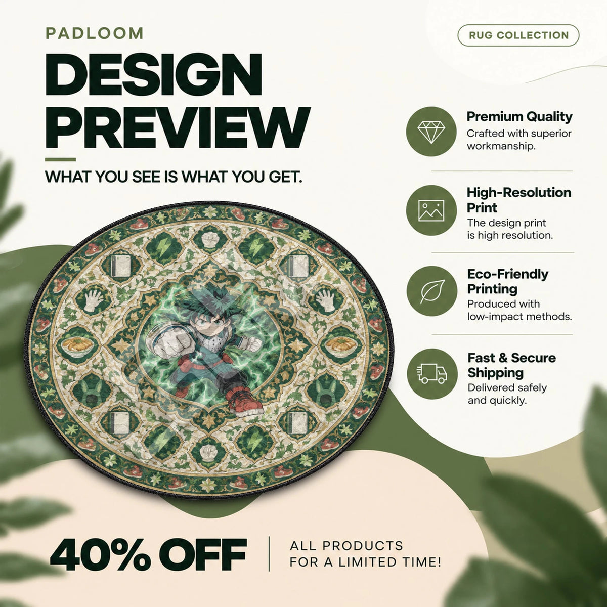 Deku Punching My Hero Academia round rug full design preview