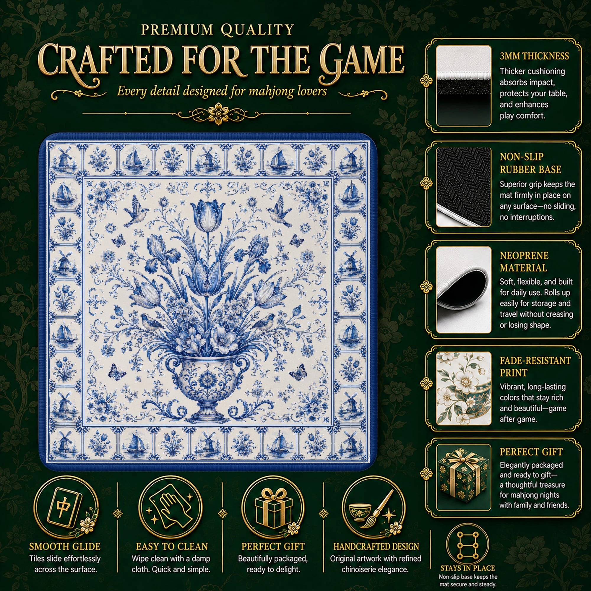 Delft Tulip Mahjong Mat - Mah Jongg Table Mat