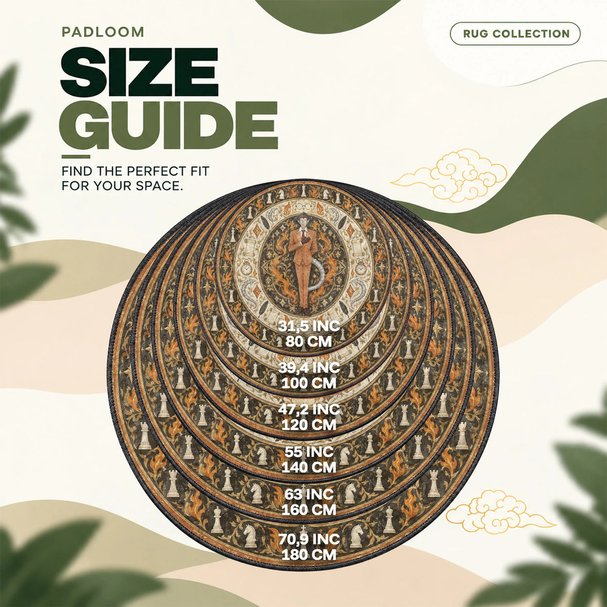 Demiurge Ember round rug size guide, 80 to 180 cm (31.5 to 70.9 in)