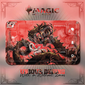 Demon Dragon Crimson MTG playmat, red and brown art with play zones, 24 x 14 in