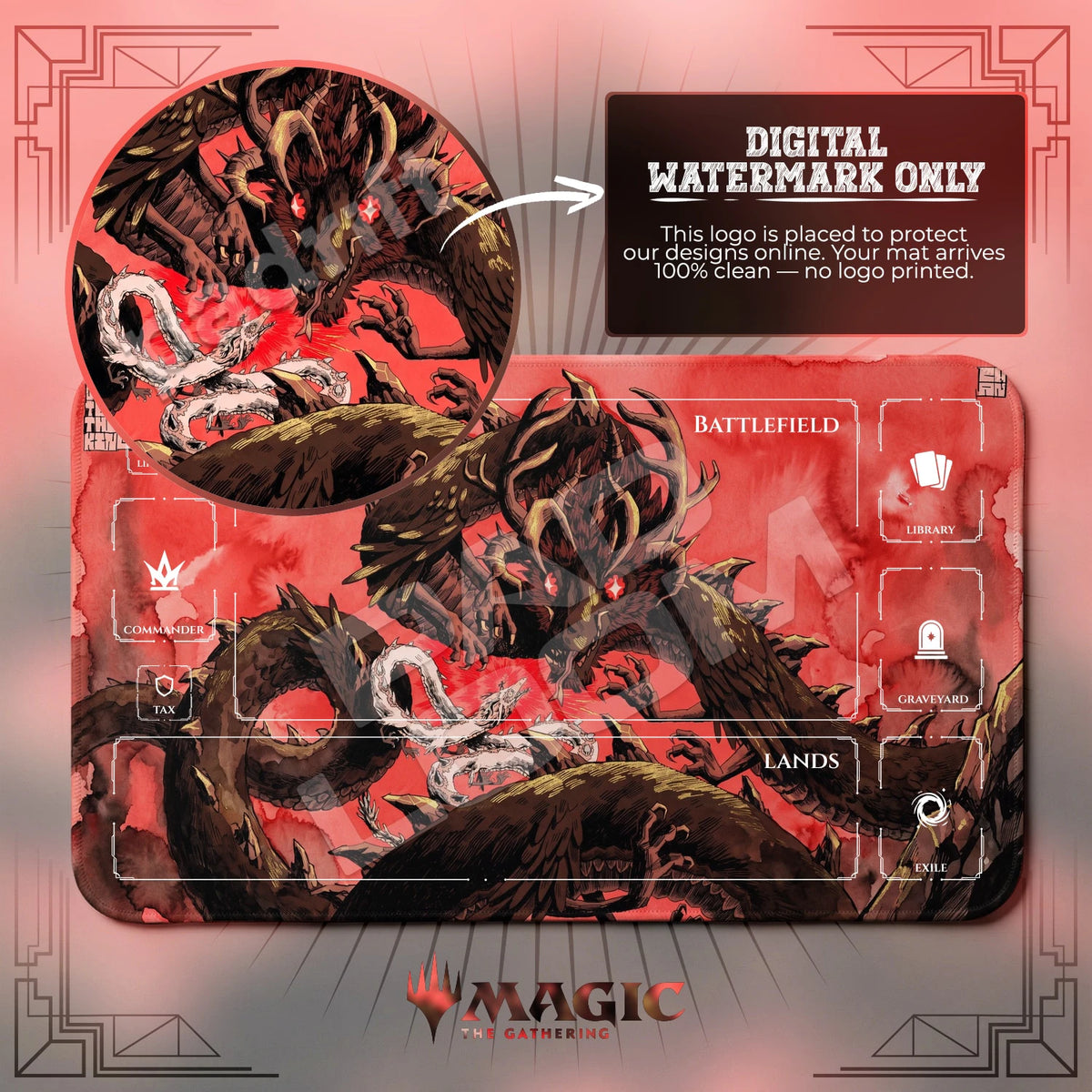 Demon Dragon Crimson MTG playmat with zones; the Padloom watermark is digital only, not printed