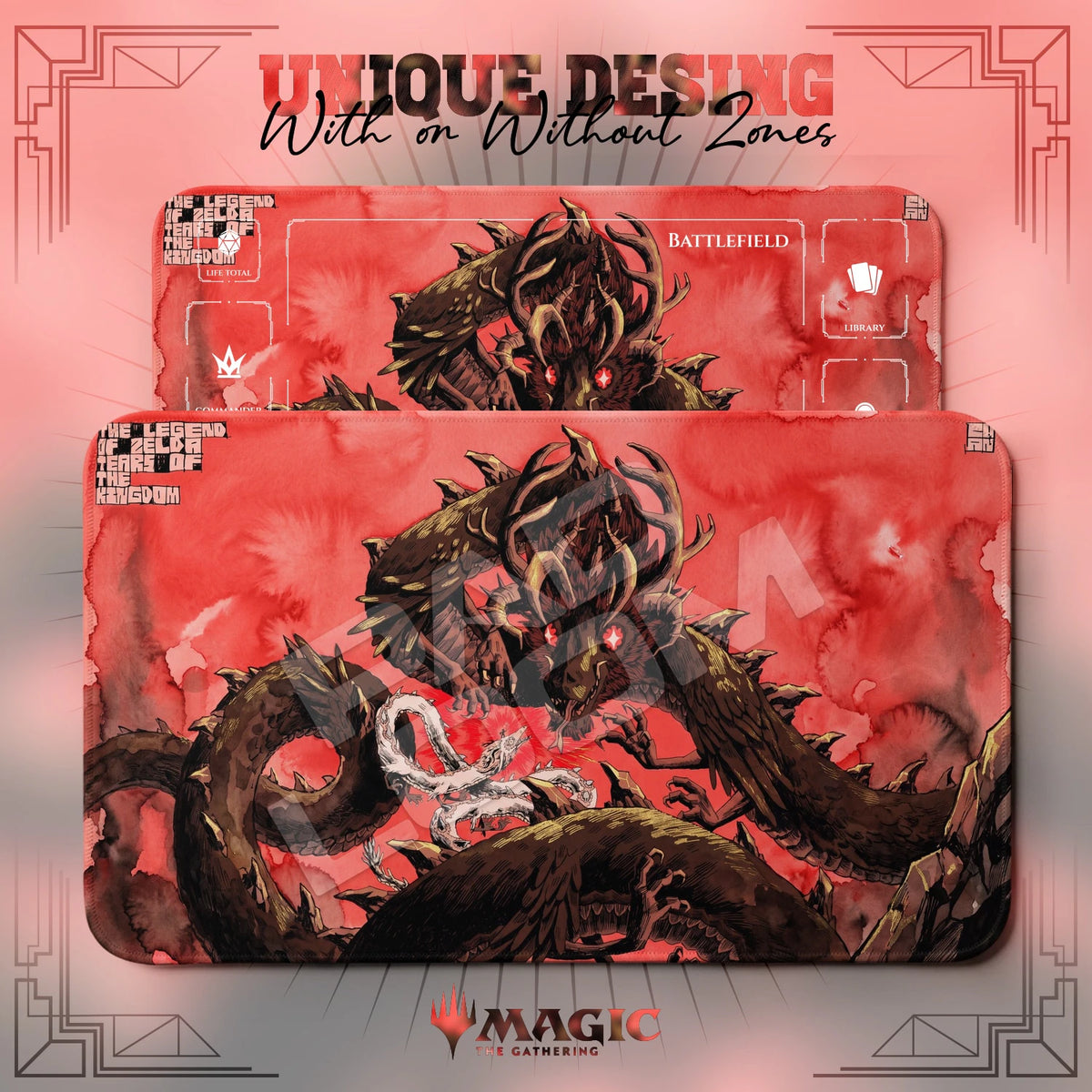 Demon Dragon Crimson MTG playmat shown with zones and without zones