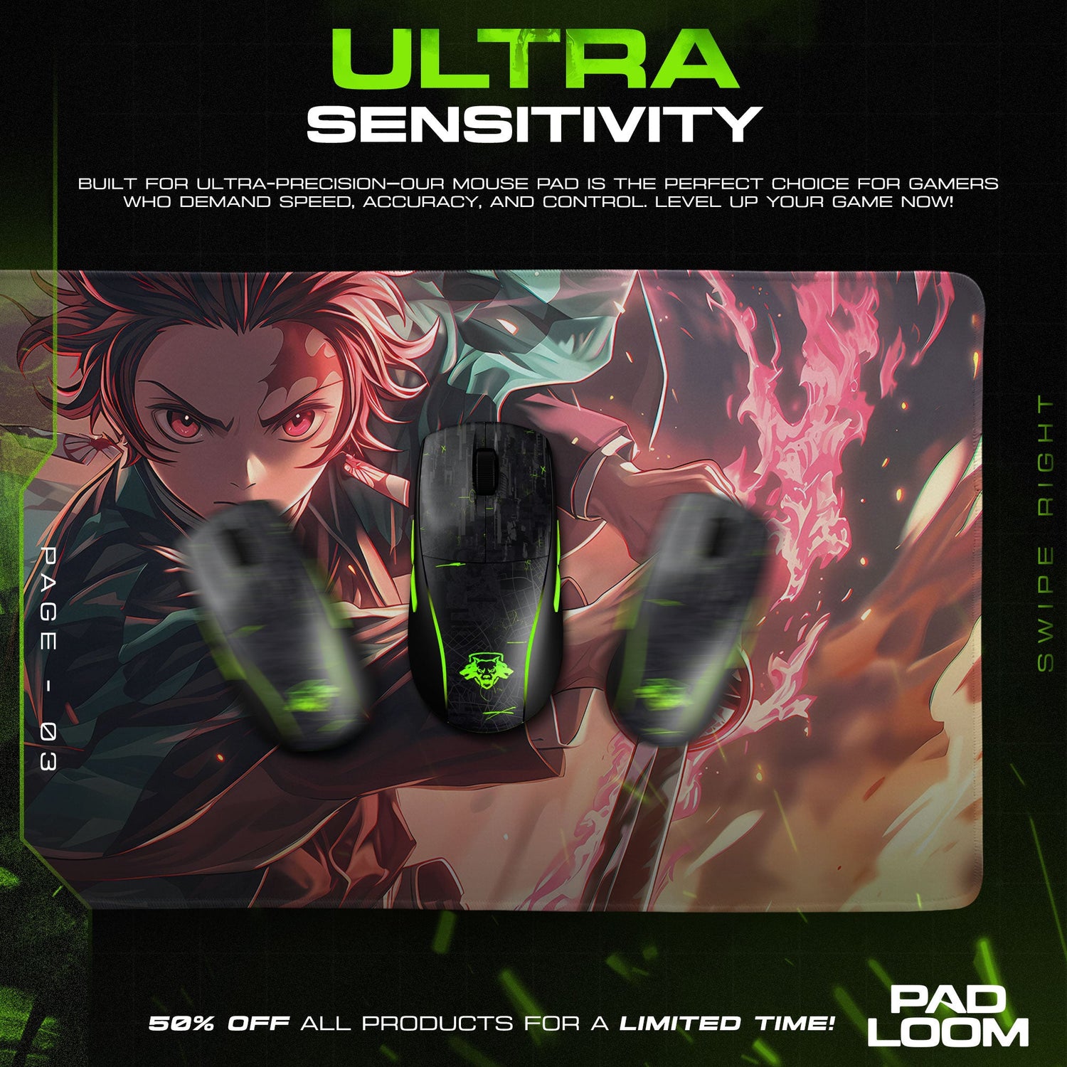 Demon Slayer Tanjiro Mouse Pad – Flame Dance Gaming Desk Mat Padloom
