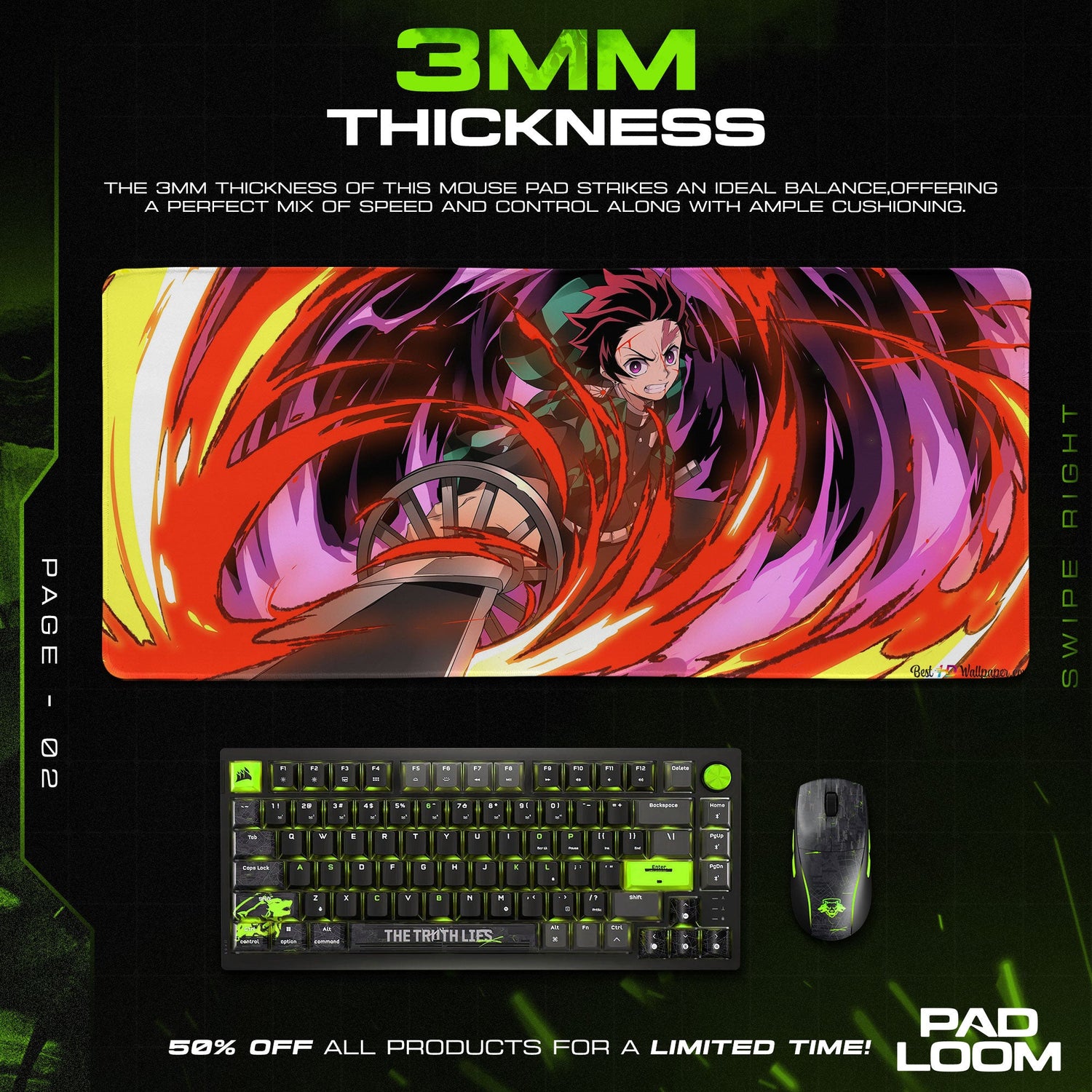 Demon Slayer Tanjiro Flame Strike Mouse Pad, Anime Gaming Desk Mat Padloom