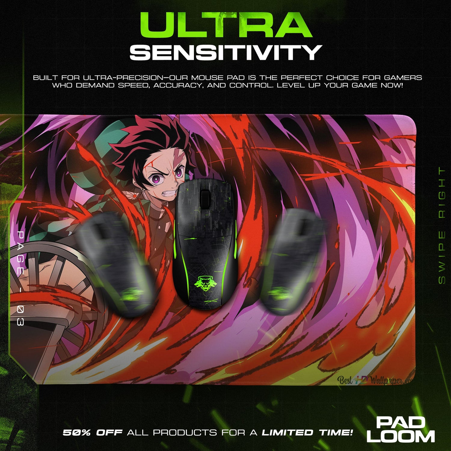 Demon Slayer Tanjiro Flame Strike Mouse Pad, Anime Gaming Desk Mat Padloom