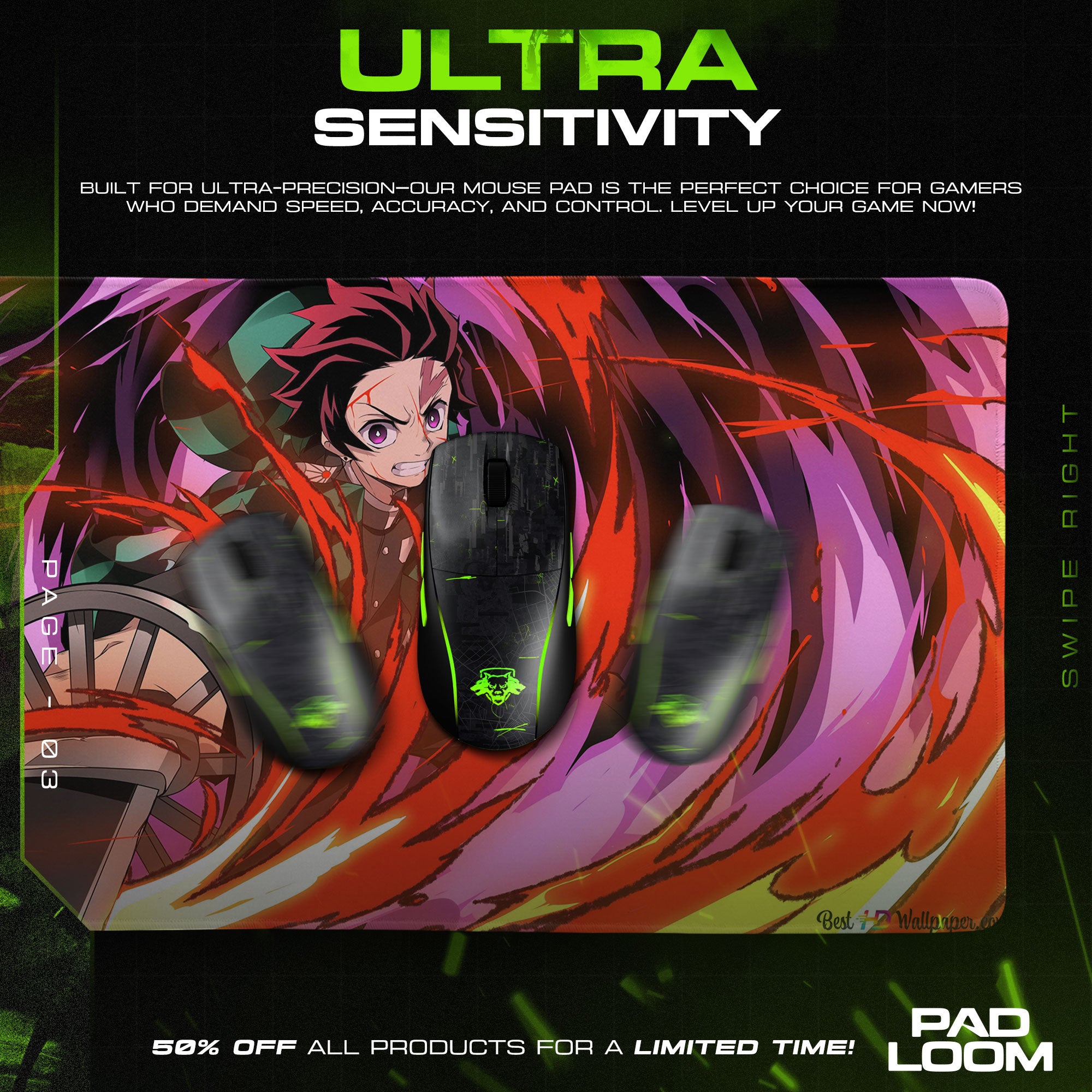 Demon Slayer Tanjiro Flame Strike Mouse Pad, Anime Gaming Desk Mat