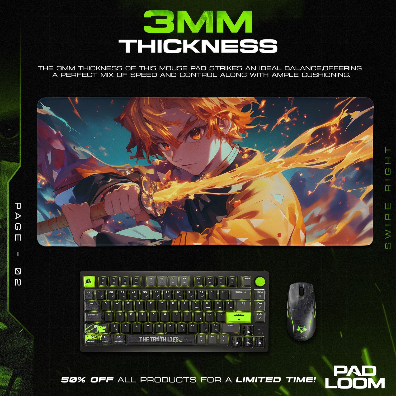Demon Slayer Zenitsu Flame Strike Mouse Pad, Anime Desk Mat Padloom