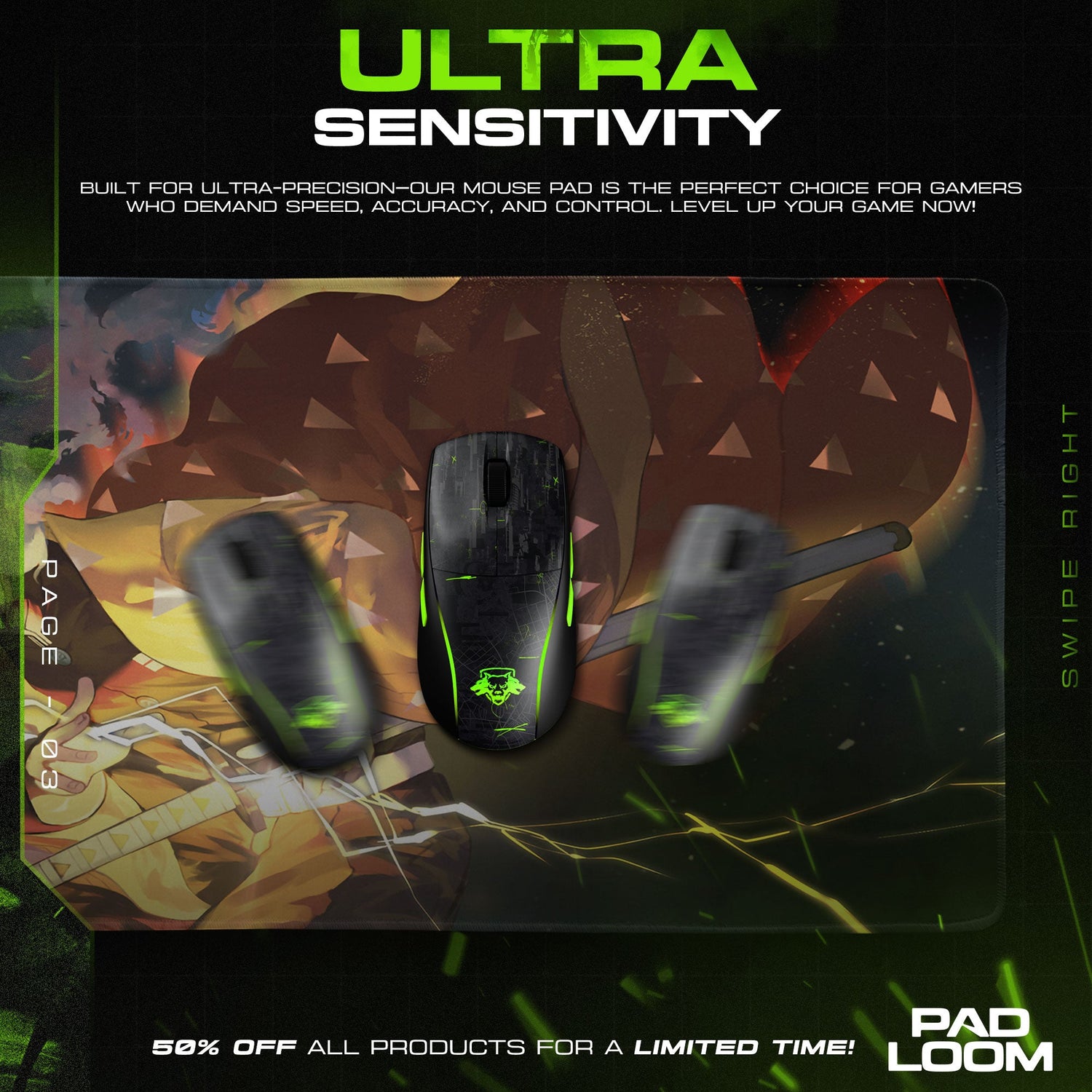 Demon Slayer Zenitsu Lightning Slash Mouse Pad, Anime Gaming Desk Mat Padloom