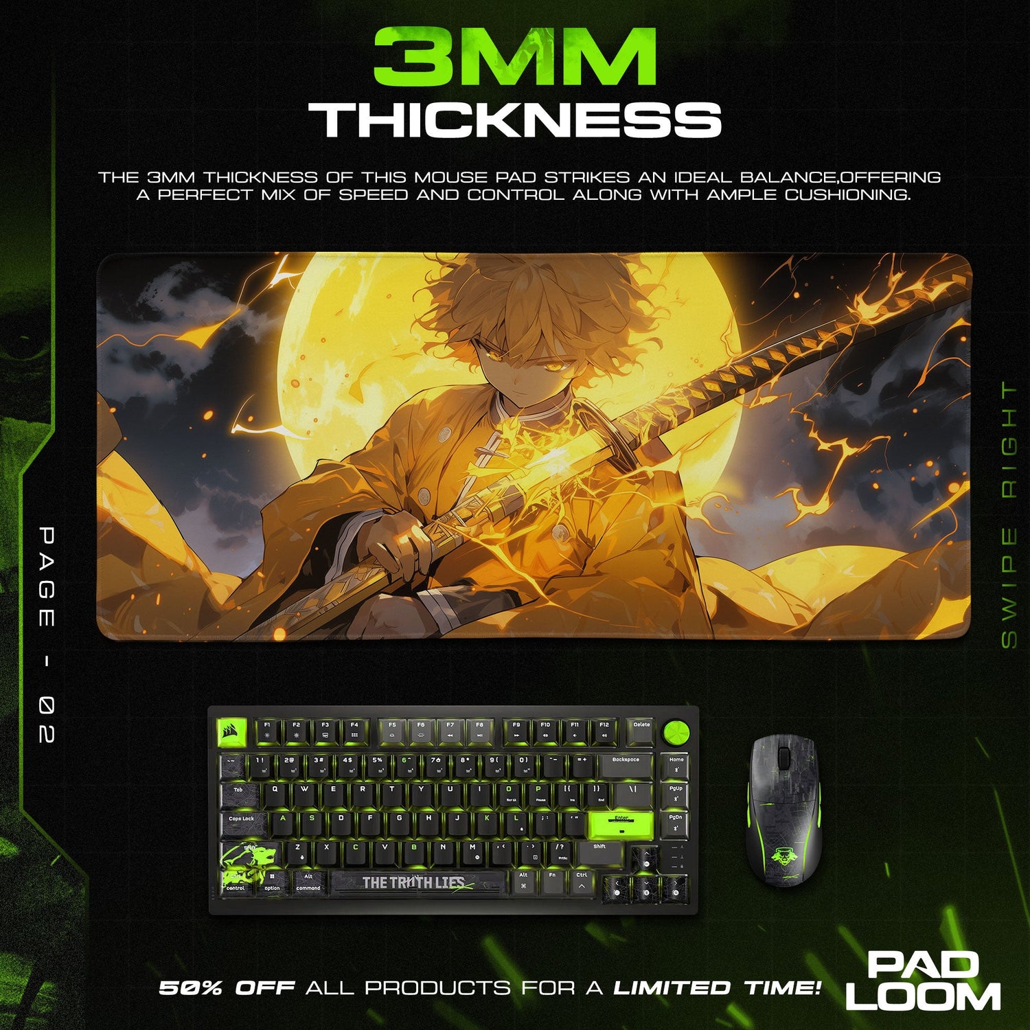 Demon Slayer Zenitsu Thunder Moon Mouse Pad, Anime Gaming Desk Mat Padloom