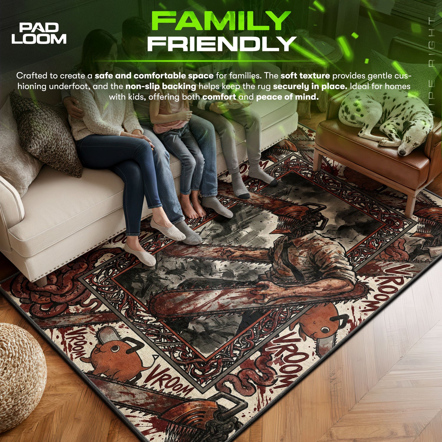 Denji area rug showing full home decor artwork
