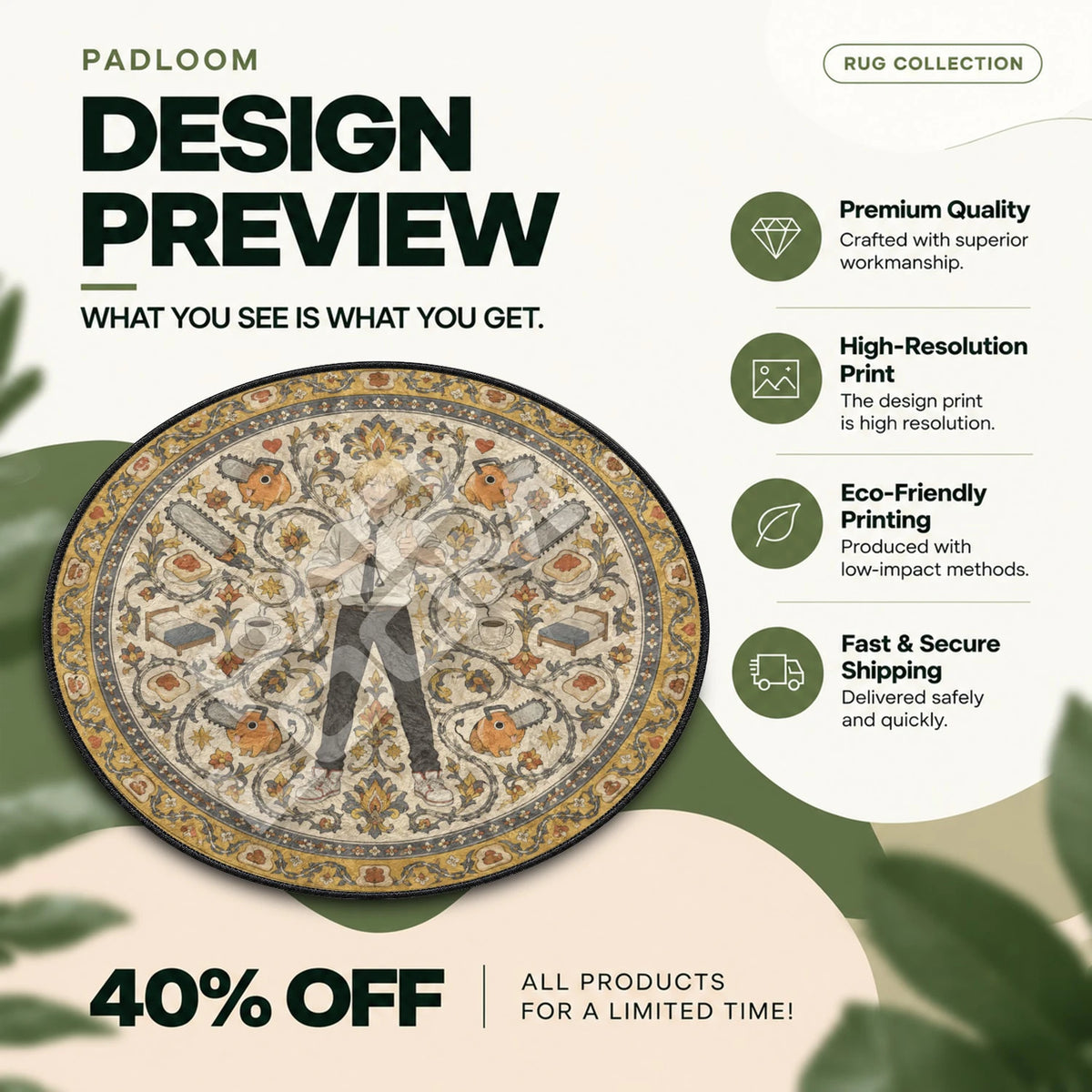Denji Grinning Chainsaw Man round rug full design preview