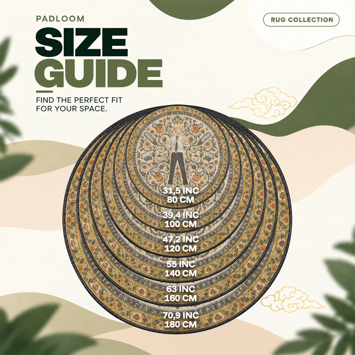 Denji Grinning round rug size guide, 80 to 180 cm (31.5 to 70.9 in)