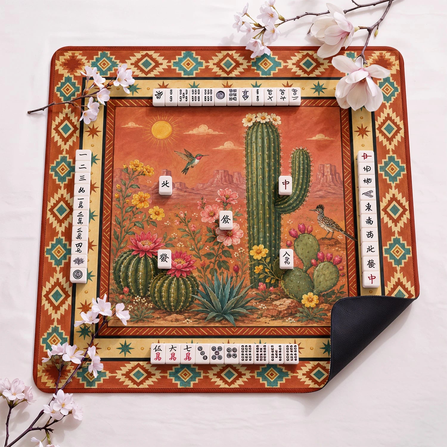 Desert Cactus design close-up on mahjong mat surface
