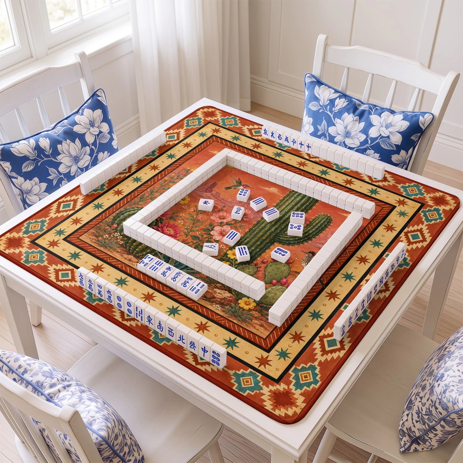 Desert Cactus mahjong mat with tiles and racks on the table