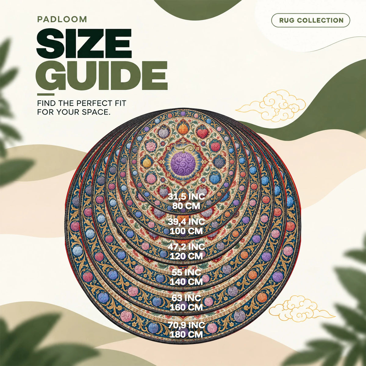 Devil Fruit Medallion round rug size guide, 80 to 180 cm (31.5 to 70.9 in)
