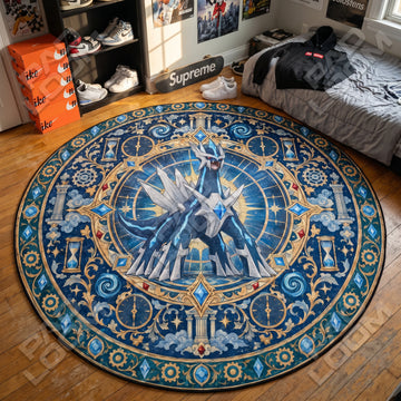 Dialga Clockwork Pokemon round rug on a bedroom floor - Pokemon chair mat