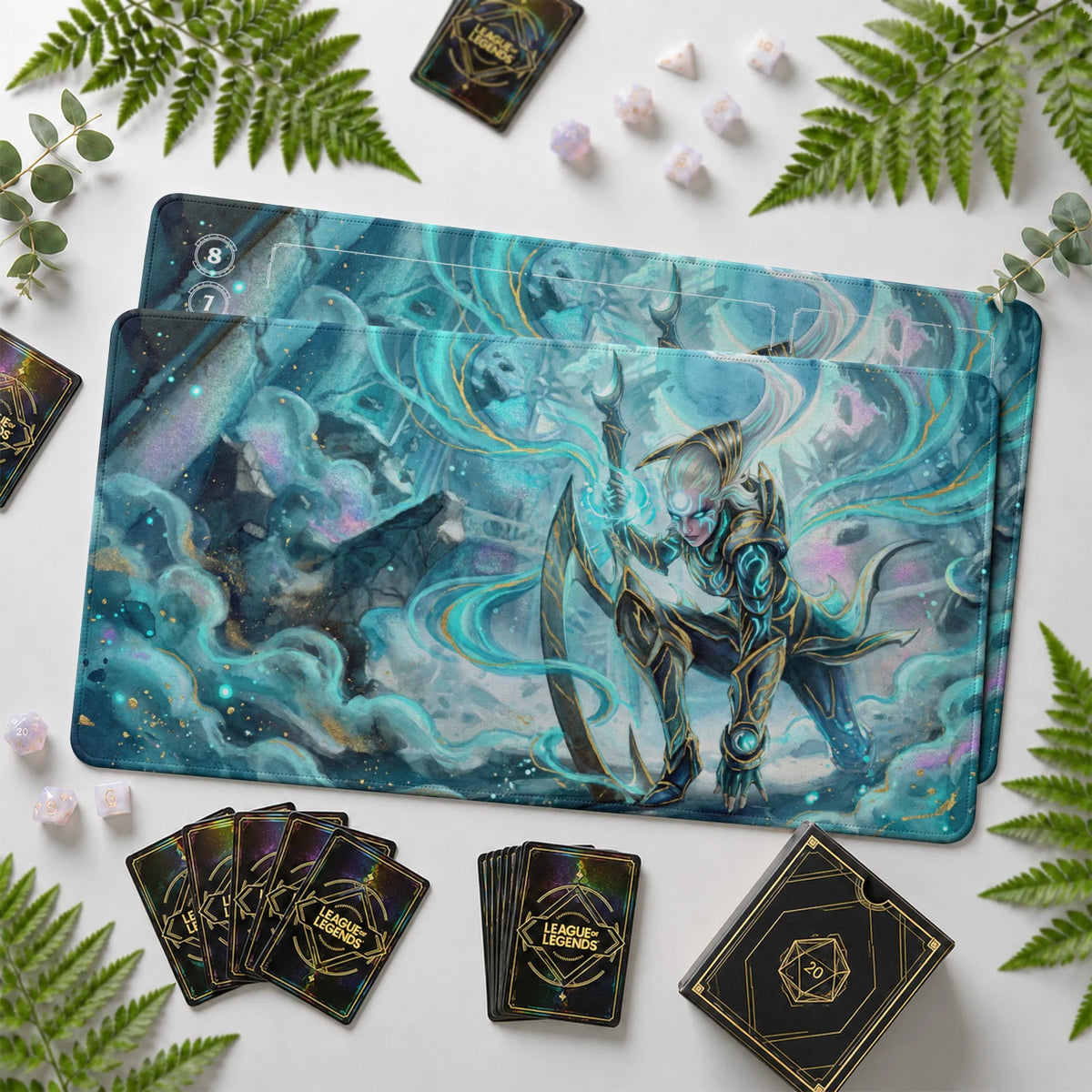 Diana Frost Riftbound TCG playmat with card zones and score track – LoL game mat