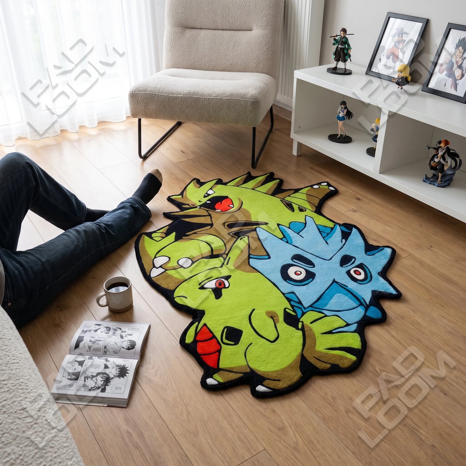 Digimon Evolution shaped rug shown in a room setting