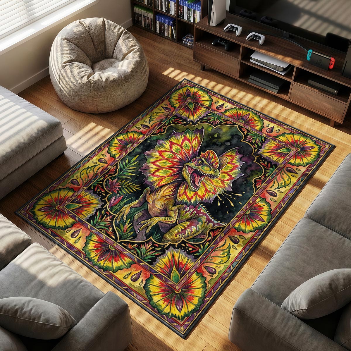 Dilophosaurus Venom themed area rug for home decor fans