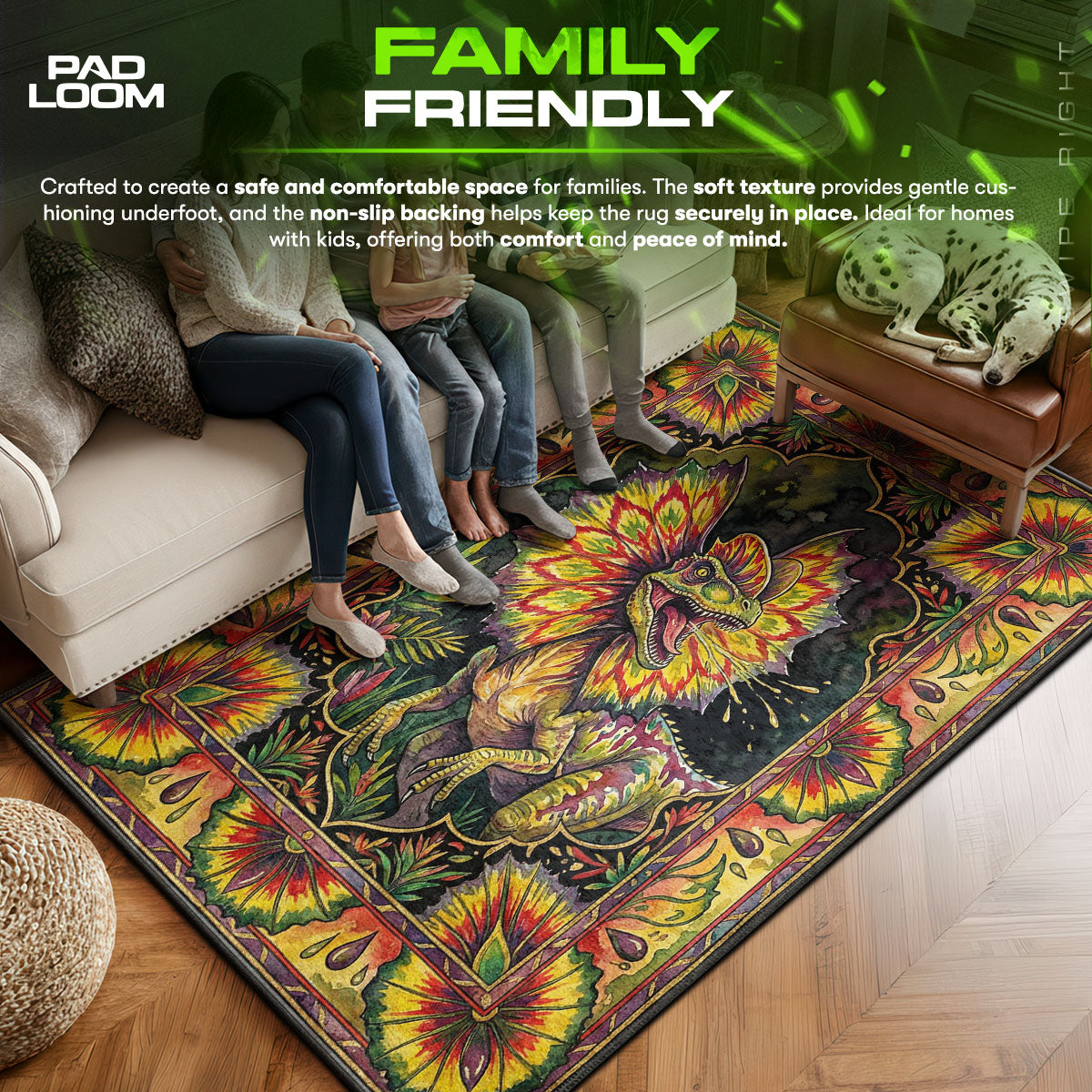Dilophosaurus area rug showing full home decor artwork