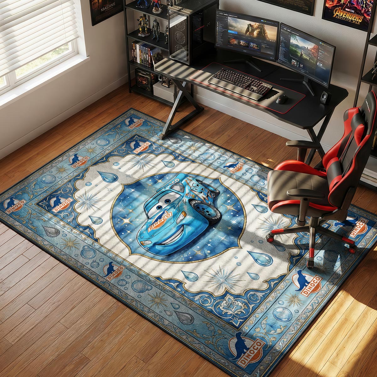 Dinoco McQueen rug in a bright kid's bedroom with light blue walls and white bed frame