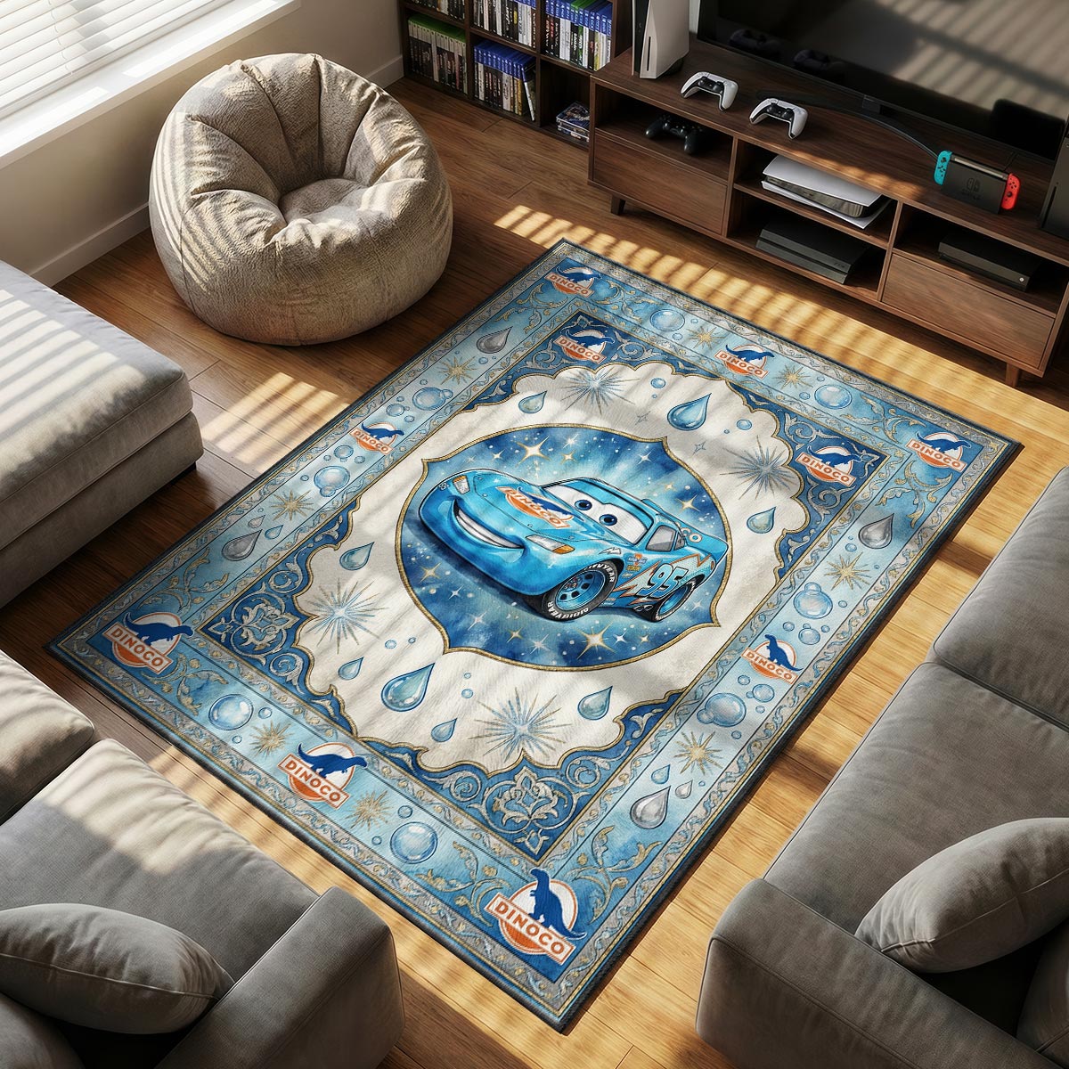 Close-up of Dinoco McQueen area rug showing sparkle stars and gold-rimmed medallion on velvet
